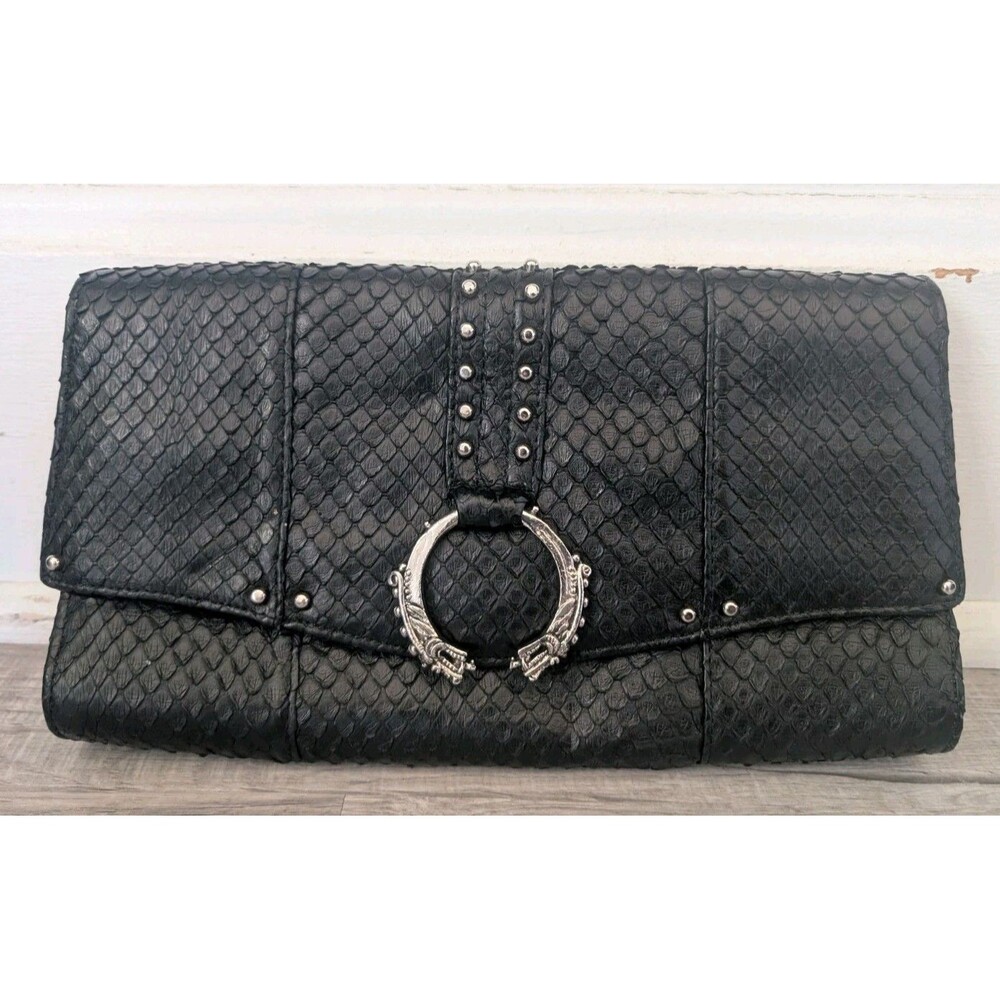 Kelly Locke Womens Scale Look Leather Foldover Clutch Bag w/ Dragons Snap Black